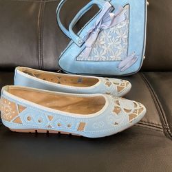 Cute Baby Blue Purse And Flat Shoes For Women 