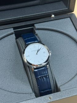 USED BAUME & MERCIER MY CLASSIMA BLUE LEATHER SWISS WATCH WITH BOX