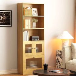 Modern White 5 Shelf Bookcase with Acrylic Cabinet Doors