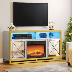 Electric Fireplace TV Stand for TVs up to 65", Mirrored Entertainment Center with 7 Colors LED & 2 Door, 3D Flame Media TV Console Table with Storage,