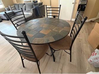 45” Round Slate Tile Dining Table Set with 4 Metal Chairs