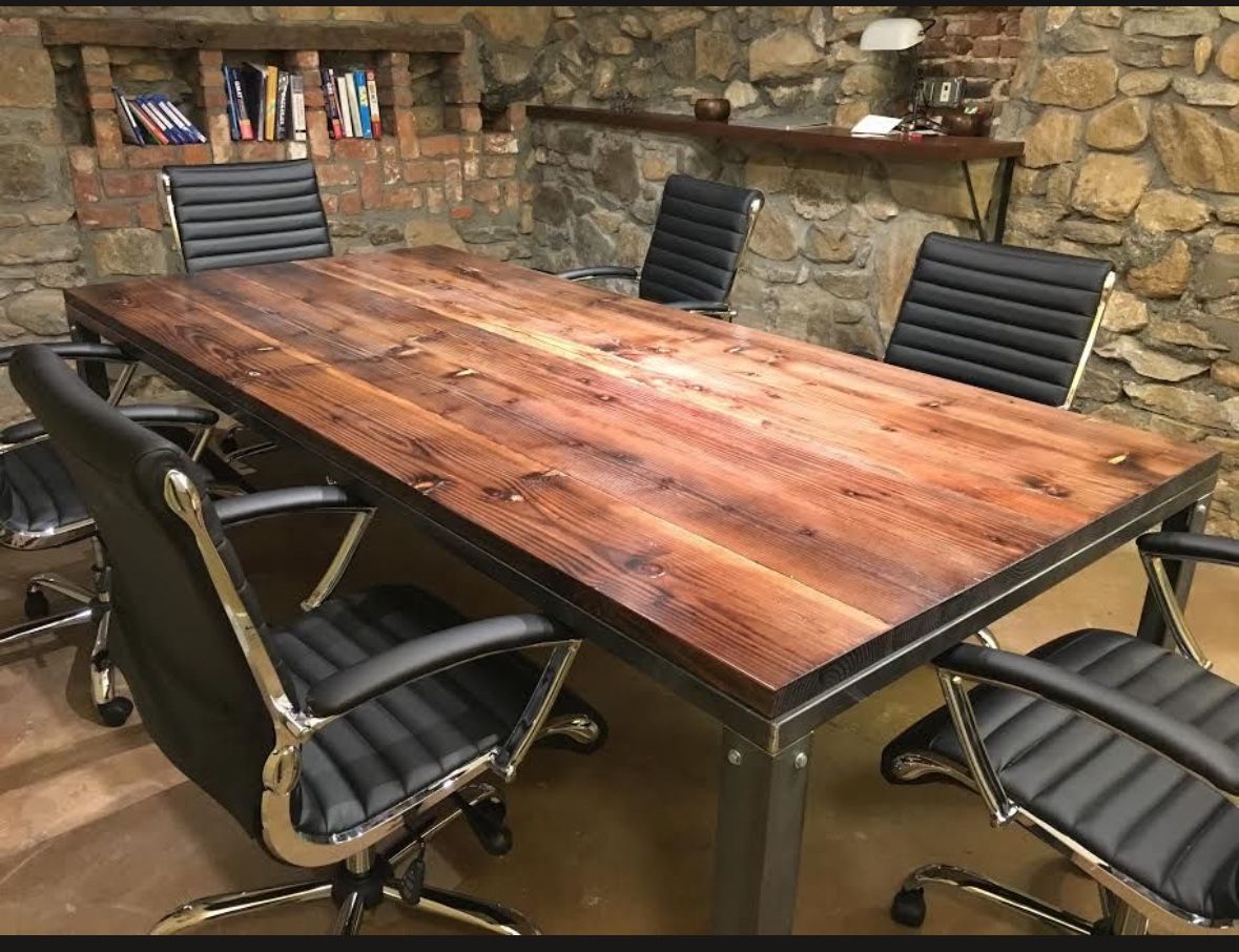 Rustic Custom Made Wood & Metal Conference Table & Book Shelf