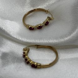 10k Yellow Gold Ruby Diamond Hoop Earrings