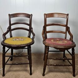 Antique Pair of 19th Century Victorian Needlepoint Ladderback Chairs