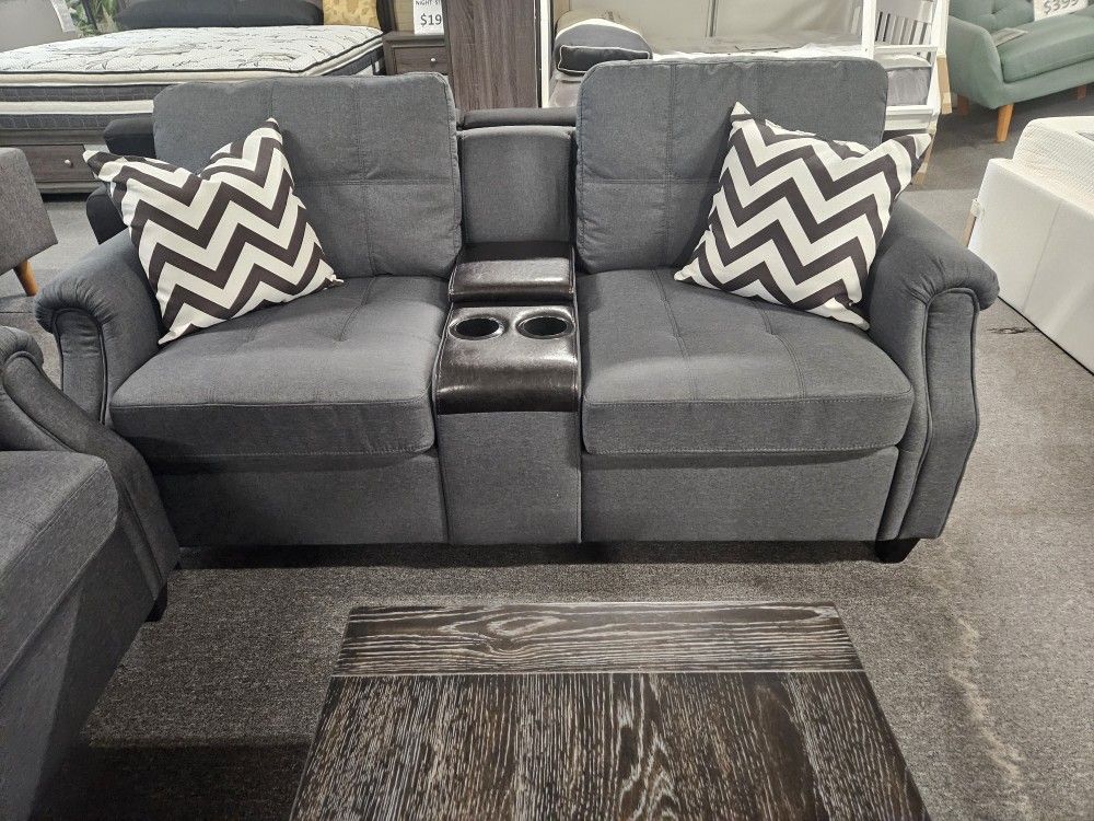 Brand New 79" Gray Linen Loveseat With Cup Holder And Charging Ports