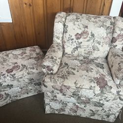 Couch, Chair And  Ottoman White With Flowers 