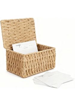 Woven Wicker Recipe Card Box with Cards