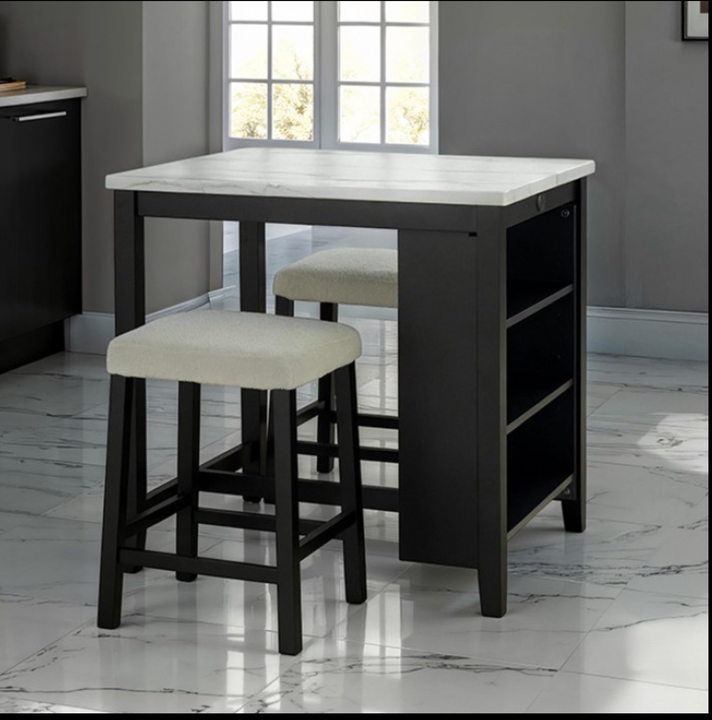 3 Pc Dining Table Set W Storage Shelves On The Side, USB-A & USB - C Charging Ports