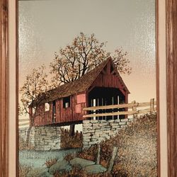 Vintage H. Hargrove Oi, Canvas Red Covered Bridge Signed 16x12 Frame 16.5x20