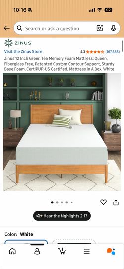 Zinus 12 Inch Green Tea Memory Foam Mattress, Queen, Fiberglass Free, Patented Custom Contour Support, Sturdy Base Foam, CertiPUR-US Certified, Mattre