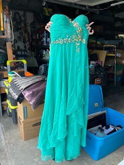 Teal Strapless Beaded Formal Prom Gown