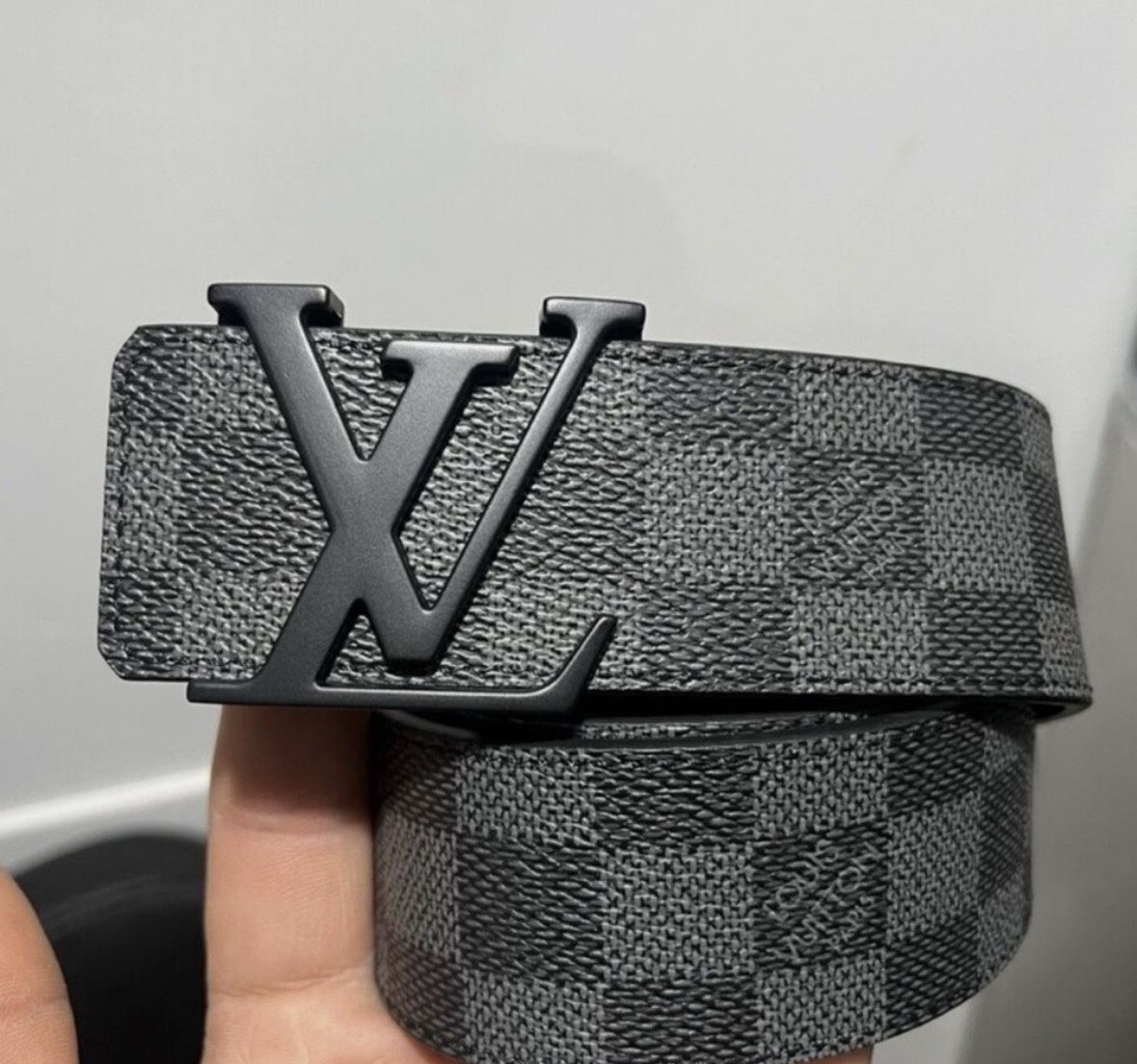 Louis Vuitton Gray Checkered Belt with Black Logo