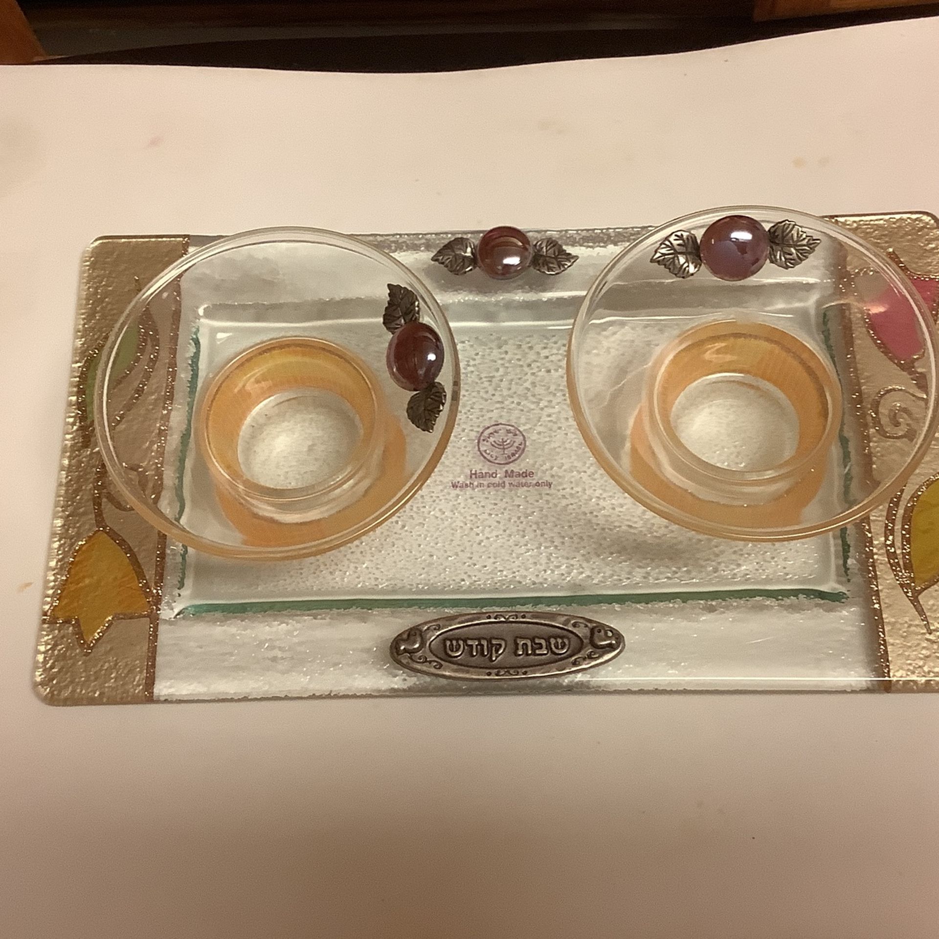 Glass Shabbat Tea Lights Set With Vibrant Orange Decor And Tray