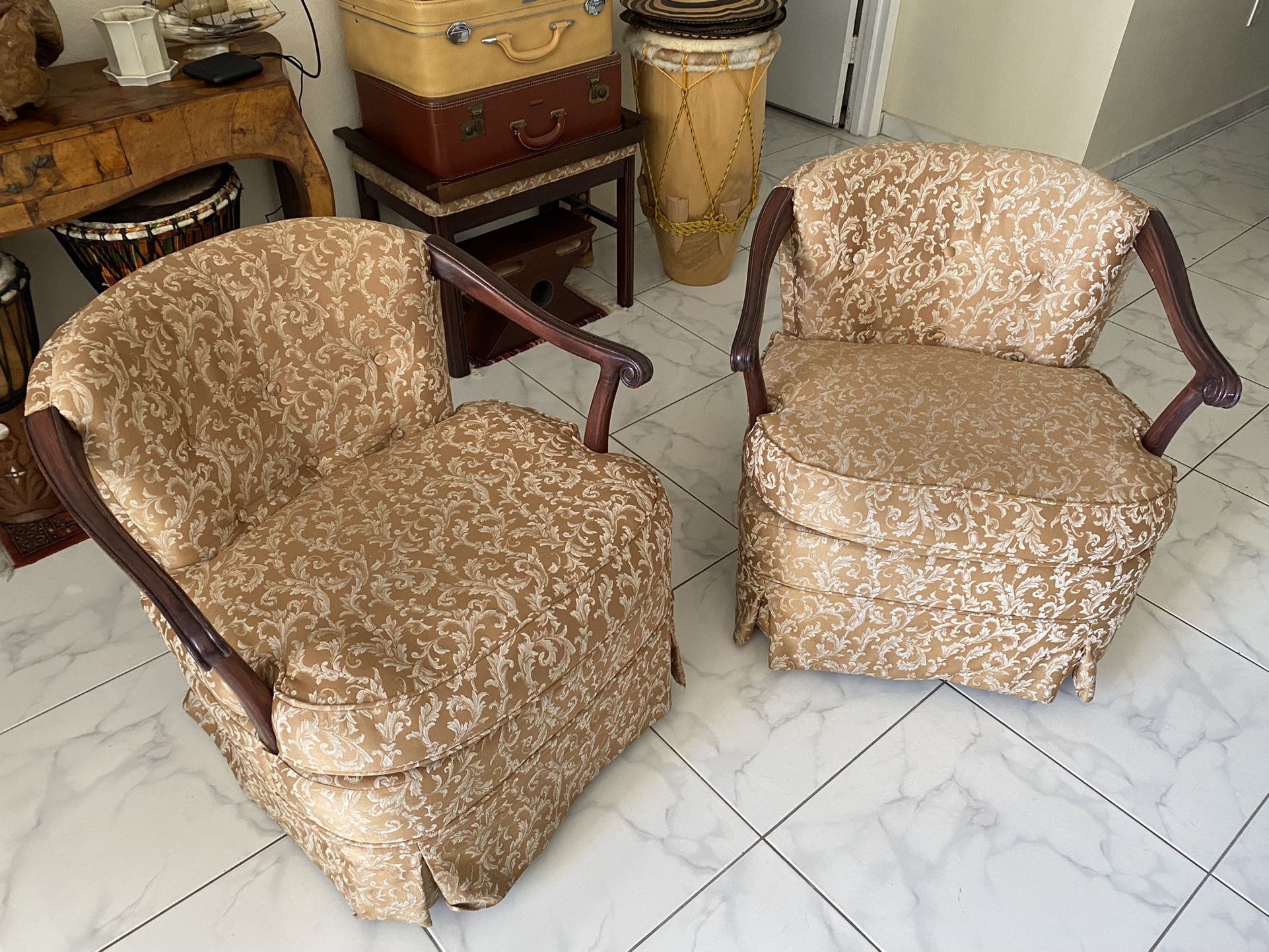 Pair Of Vintage Antique Solid Wood Swivel Armchairs 