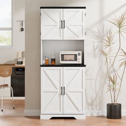 74" Farmhouse Kitchen Food Pantry with 4 Barn Doors and 1 Microwave Shelf, White Kitchen Storage Cabinet with 8 Door Shelves, 5 Adjustable Shelves, an