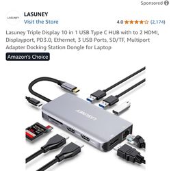 Lasuney Triple Display 10 in 1 USB Type C HUB with to 2 HDMI, Displayport, PD3.0, Ethernet, 3 USB Ports, SD/TF, Multiport Adapter Docking Station Dong