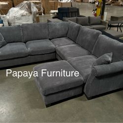 New! Plush Sectional Sofa And Ottoman, Grey Sofa, Grey Couch, Grey Sectional Couch, Ottoman, L-Shaped Sofa, Couch, Corduroy Couch, Fluffy Lined Couch 