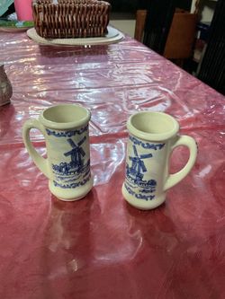 Set of 2 Blue and White Windmill Ceramic Mini Mugs for decoration like new