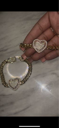 Gold Cuban Link Heart Bracelet Set