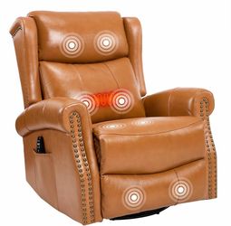 1962d  Genuine Leather Swivel Rocking Recliner Chair for Adults, 360° Swivel Glider Rocker with Heat & Vibrating Massage, Lounge Chair for Living Room