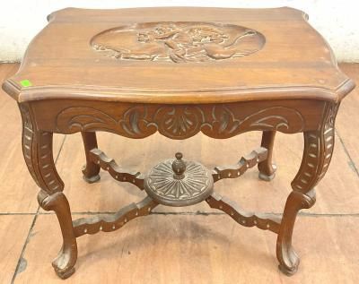 French Rococo Influenced Wood Parlor Table Used condition and measures 20in x 25in x 17in