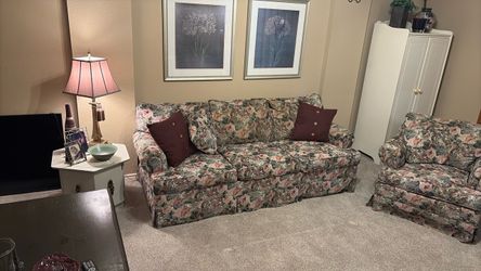 Floral Sleeper Sofa with Pull-Out Mattress and Matching Chair
