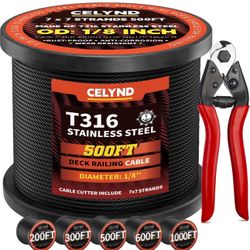 Black Stainless Steel Cable for Railing - 500FT 1/8" T316 Wire Rope for Deck Cable Railing System Kit