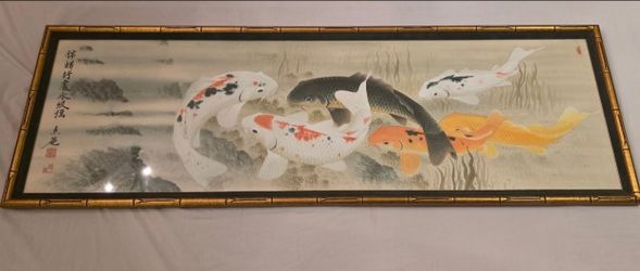 Vintage large 9-Koi fish painting