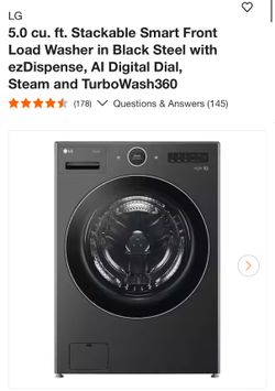 NEEDS TO SELL ASAP! $599 OBO LG 5.0 cu. ft. Stackable Smart Front Load Washer in Black Steel with ezDispense, AI Digital Dial, Steam and TurboWash360