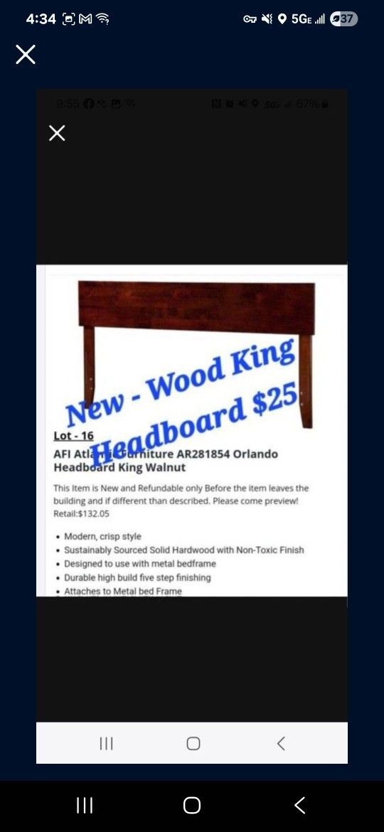 New - Wood King Size Headboard $25