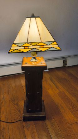 Pair Mission Arts & Crafts Stained Glass Table Lamps – Handmade Shades, Wood Bases | $350 $175 each