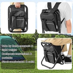 Folding Stool,  Backpack, Insulated Cooler Bag, Collapsible  Multifunction Chair with Front Pocket and Bottle Pocket . Black