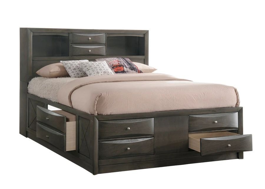Gray Queen Bookcase Bed w Storage Drawers