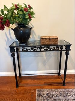 Vintage Black Metal Entryway Table with Ornate Scrollwork