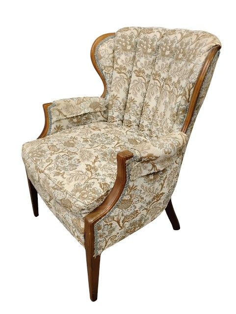 Tan w/ Brown Floral Print Victorian Wing Back Chair