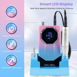 FETERVIC Professional Nail Drill Kit 45000 RPM, Rechargeable Electric Nail File, Cordless E-File Machine with LCD Display &  Drill Bits for Acrylic,