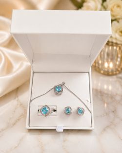 Blue Topaz Halo Jewelry Set - Necklace, Ring & Earrings