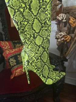 Neon Green High Snake Python Skin Imitation Boots on Heels 