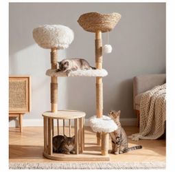 New open Box 51" Tall Natural Solid Wooden Cat Tower with Sisal Scratching Post