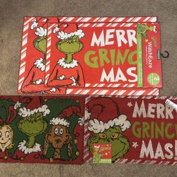 Set of 2 washable grinch rugs and 2 outdoor mats