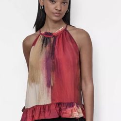 DKNY Maroon, Beige Sleeveless Peplum Top Blouse. Size XL. Retails at $79