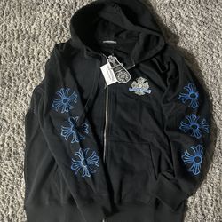 Black Chrome Hearts Hoodie With Blue Logo Design Large 