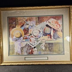 Vintage 1990s 'Bonnet & Bows' Framed 36"X28" Christian Wall Art Signed By M.Simandle