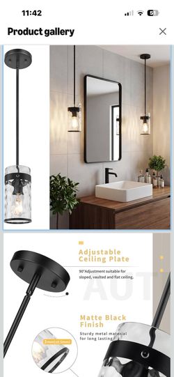 Brand New Set of Two (2) Black Pendant lights, Hammer Glass Shades, Adjustable Length