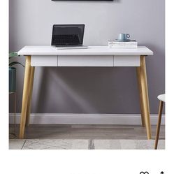 Rectangular White and Light Oak Wood 1-Drawer Writing Desk