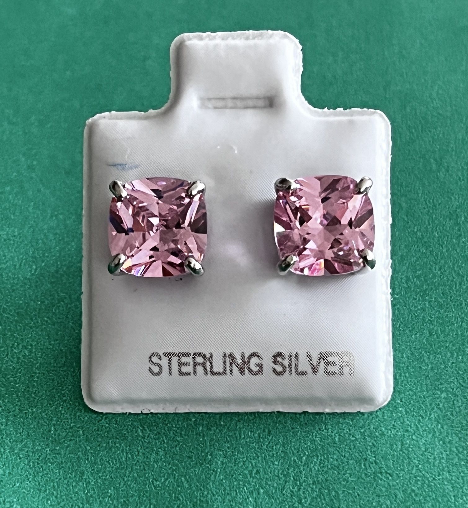 Sterling Silver Cushion Cut Lg. CZ Stud Earrings