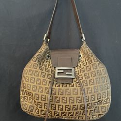 Auth FENDI Mamma Baguette Bag Zucca FF logo Handbag Leather Canvas Brown Bag