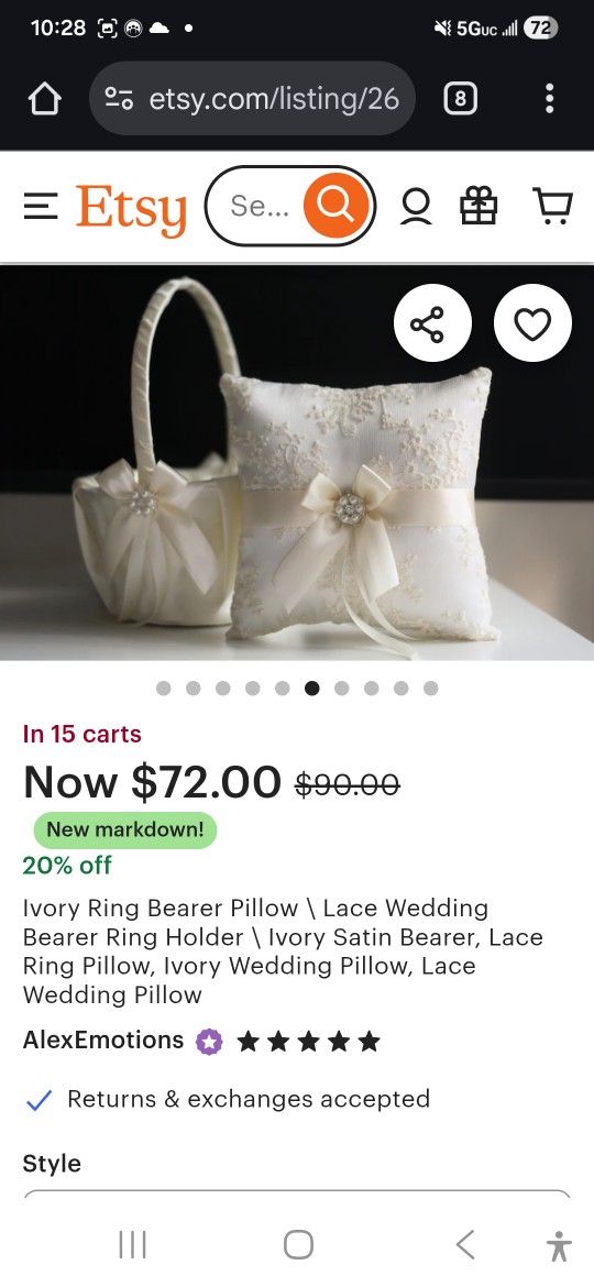 Ivory Satin Bearer, Lace Ring Pillow and flower petals basket.