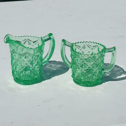  Vintage Depression Glass Sugar And Creamer No Chips Or Nicks 6 Inches Tall