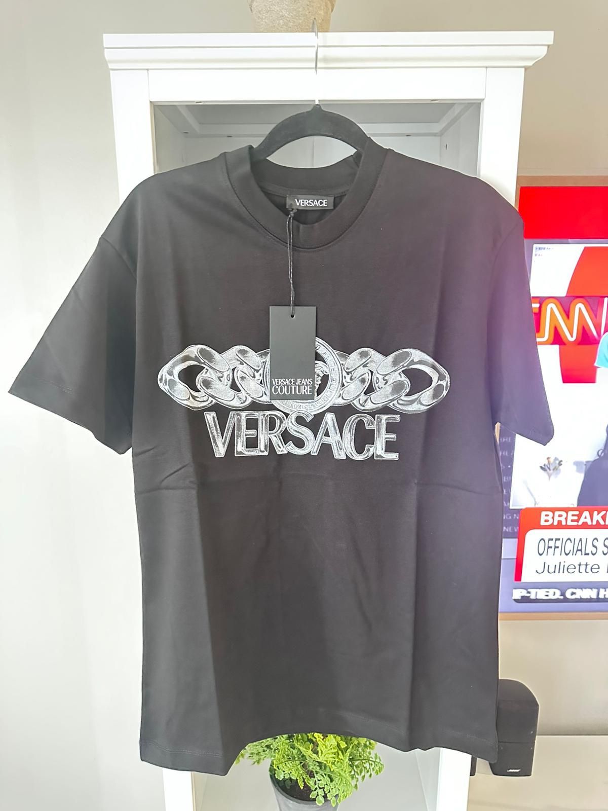 NWT Versace Black Cotton Logo Printed T-Shirt Large